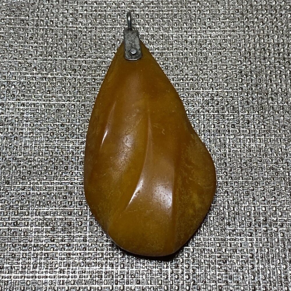 Vintage Baltic Amber Leaf Pendant Hand Carved 1930s 1940s Natural Amber